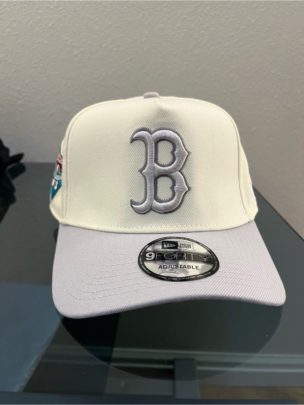 New Era Cream and Light Gray Boston B Logo 9FORTY Adjustable Cap